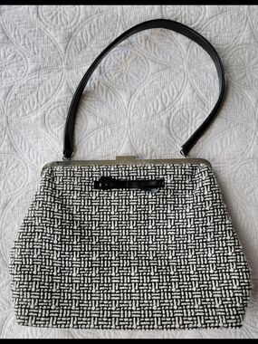 The Sak Elliott Lucca Black/White Shoulder Bag Woven Pattern with Clasp Closure